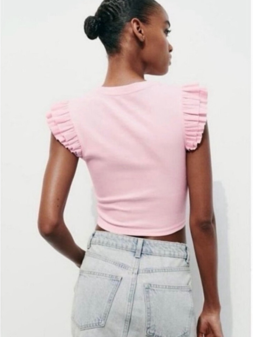 Zara Pink Ruffle-Sleeve Ribbed Crop Top - Picture 3 of 9